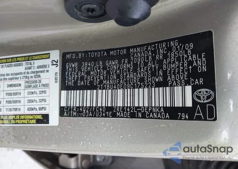 2009 Toyota Corolla Xle z USA, uszkodzony, nr VIN 2T1BU40E09C175223